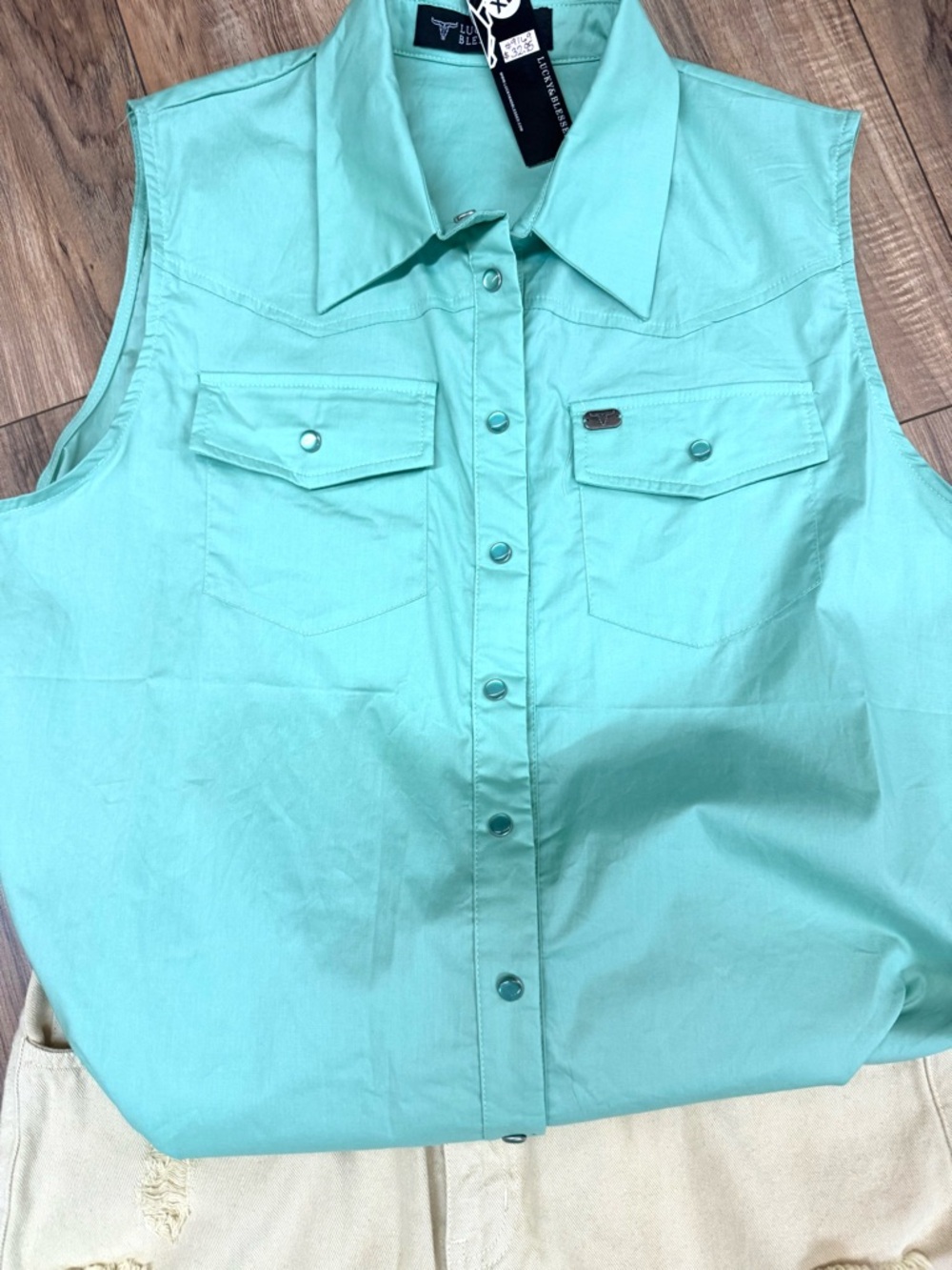 Lucky & Blessed Sleeveless Pearl Snap Blouse in Mint